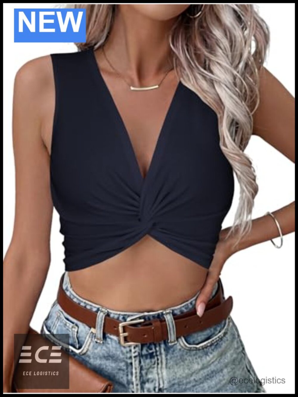 V Neck Twist Front Ribbed Knit Crop Top Slim Fit Sleeveless Cami